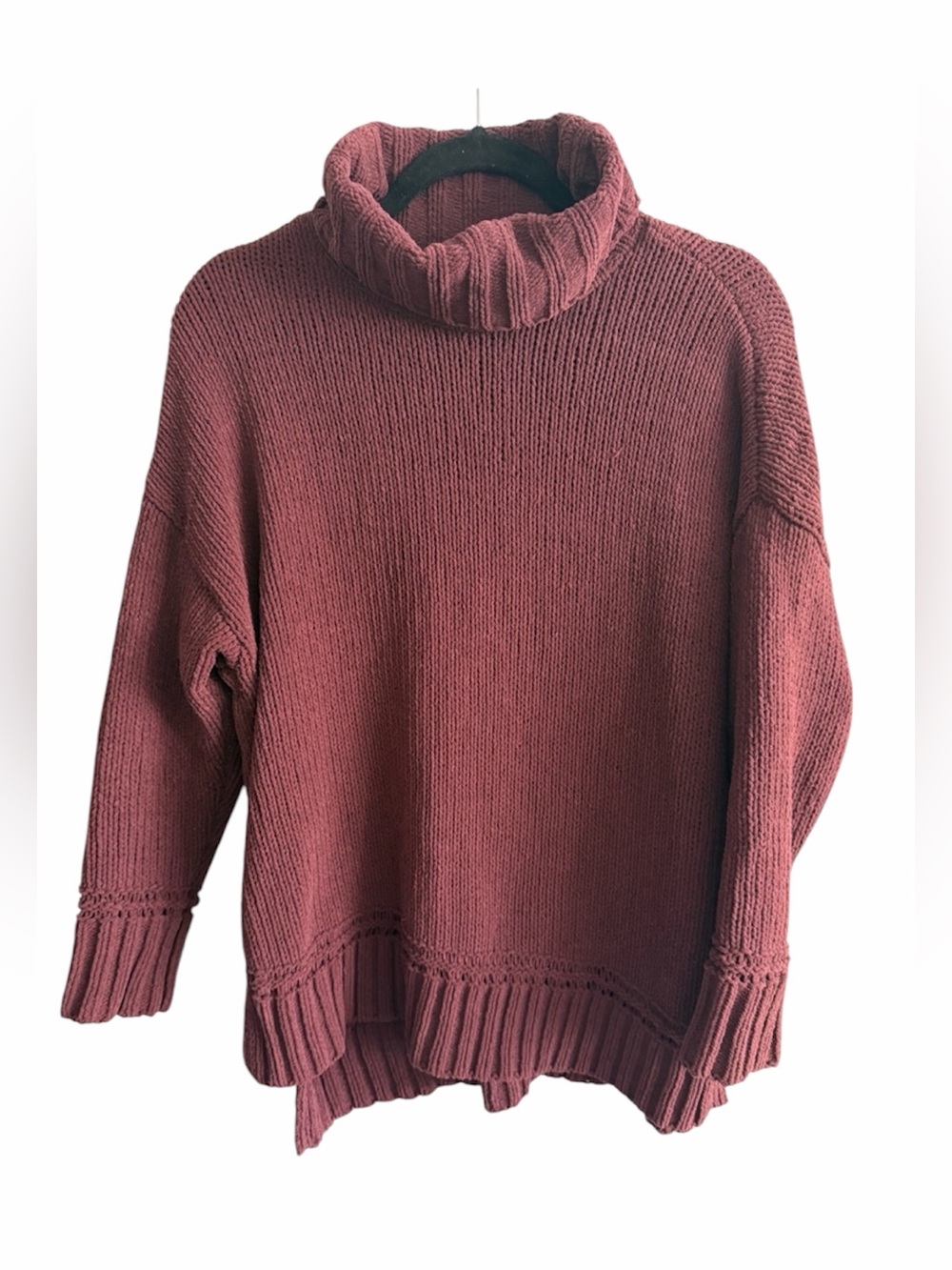 aerie Burgundy Knit Turtleneck Chenille Oversized Sweater Side Slits Embroidery